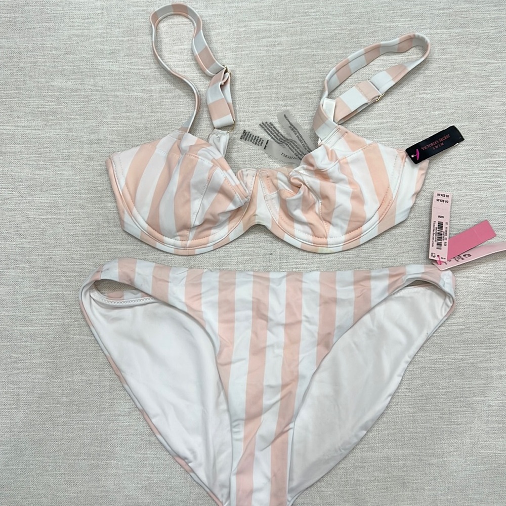 Victoria Secret Swim Pink White Stripe 2 Piece Bikini Swim Set